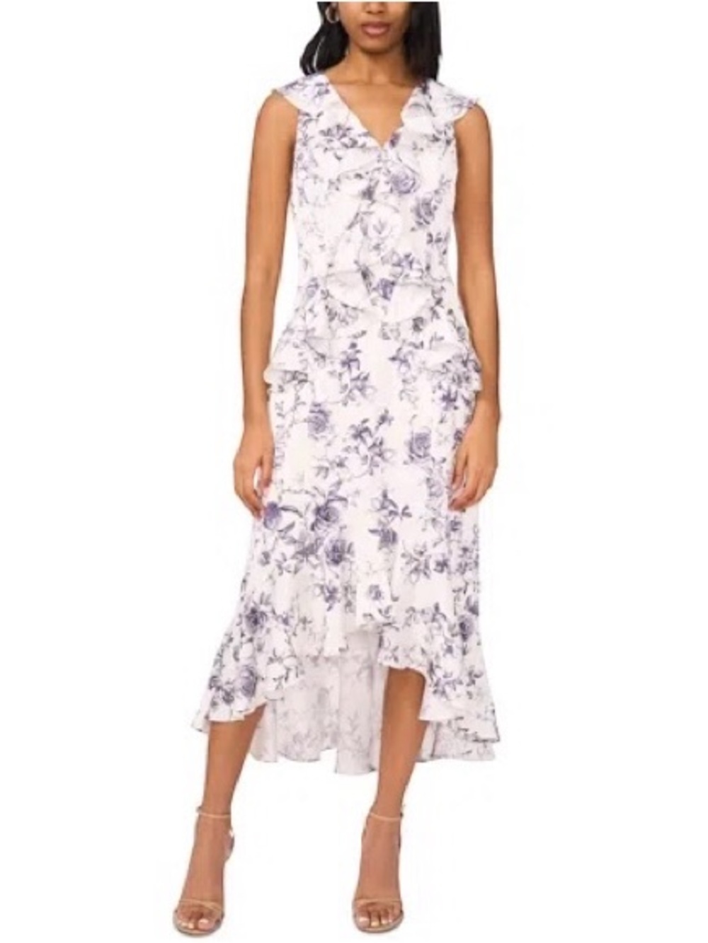 NWT Cece Women's Printed V-Neck Ruffle Tiered Midi Dress New Ivory 6